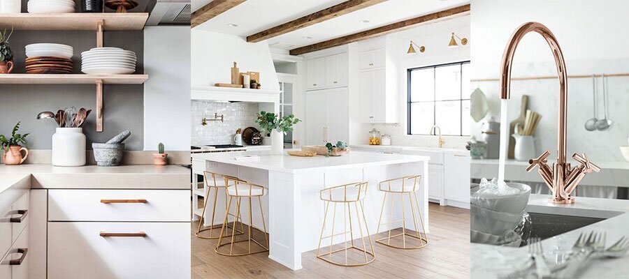 cucine bianche con dettagli oro e rame